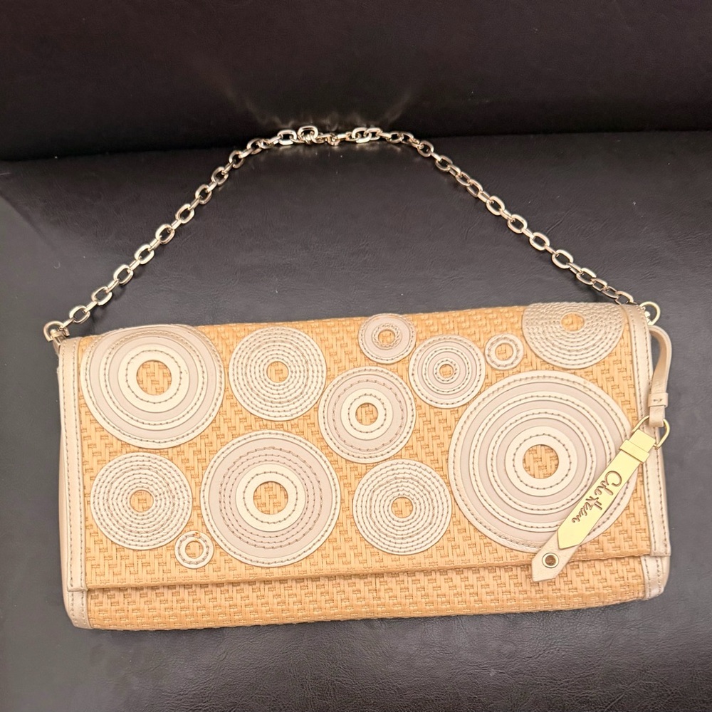 Vintage Cole Haan Beige Clutch with Chain and Circular Accents
